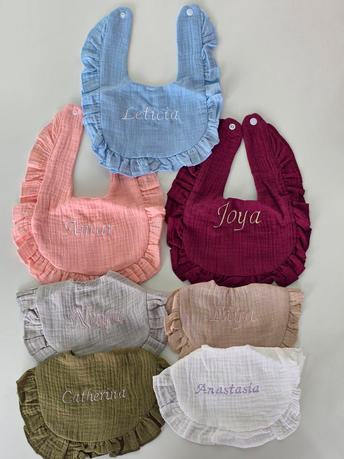 Custom Embroidered Muslin Ruffle Bib