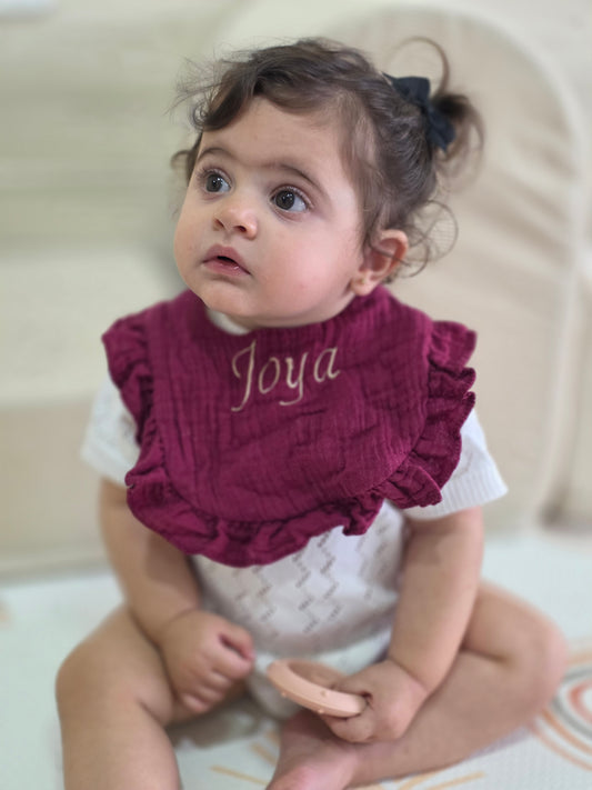 Custom Embroidered Muslin Ruffle Bib